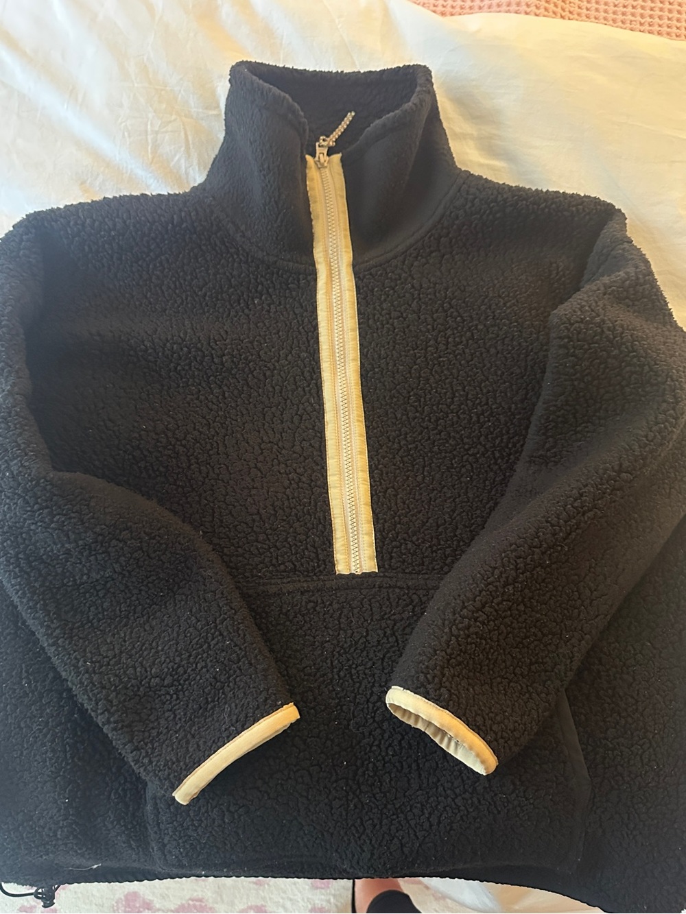 J. Crew Black Teddy Sherpa Half-Zip Jacket with Cream Trim